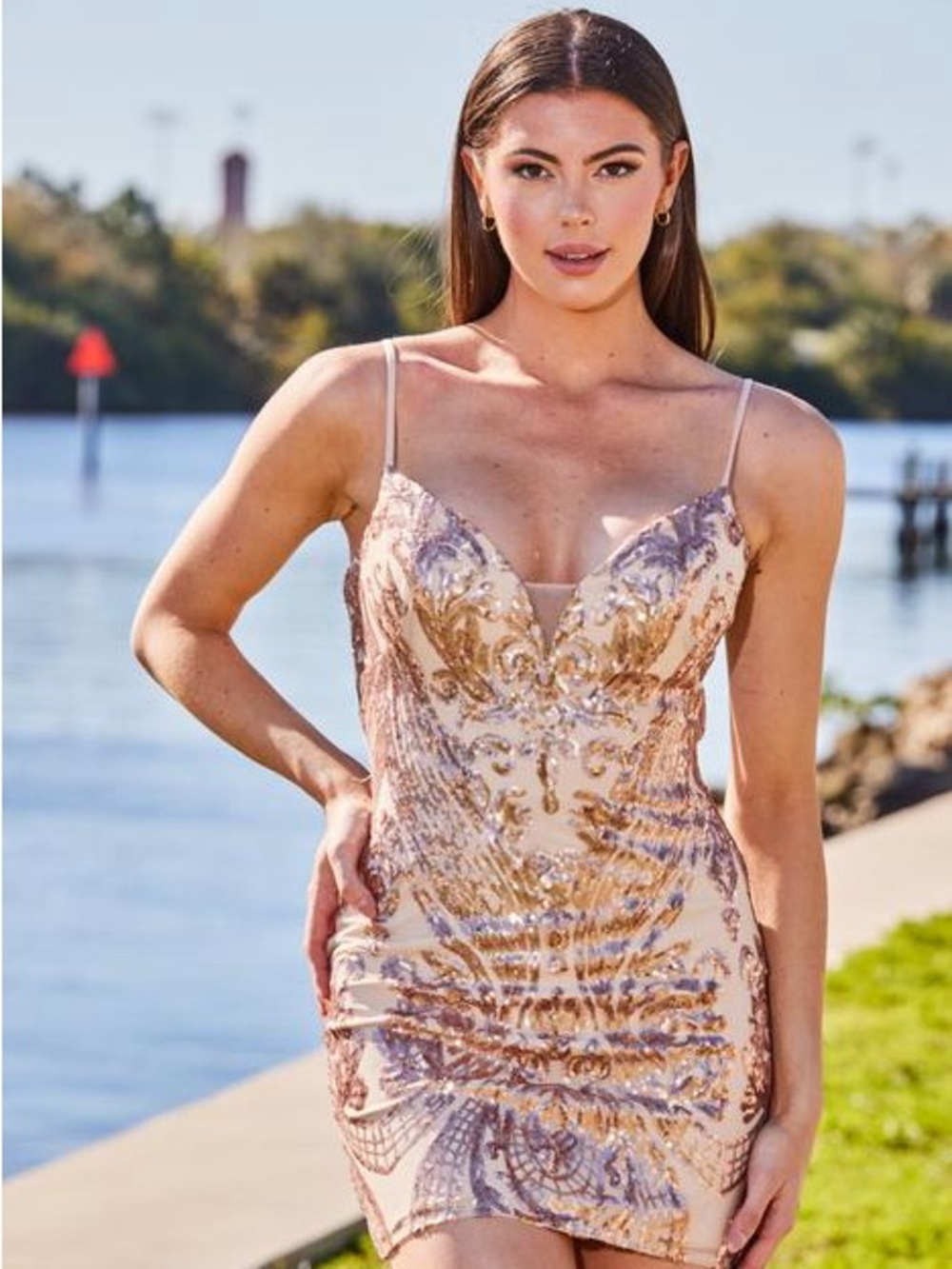 Sophia Thomas 6093 Sequin Embellished Gold Mini Homecoming Dress